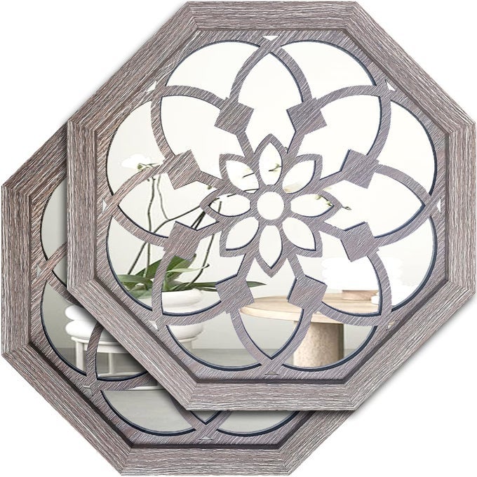 2 PCS 20 INCH OCTAGON WALLMOUNTED MIRRORSVINTAGE FARMHOUSE MIRROR FOR WALL DECORBARN WOOD COLOR DECORATIVE ACCENT MIRROR FOR FOYER BATHROOM BEDROOM 20X20