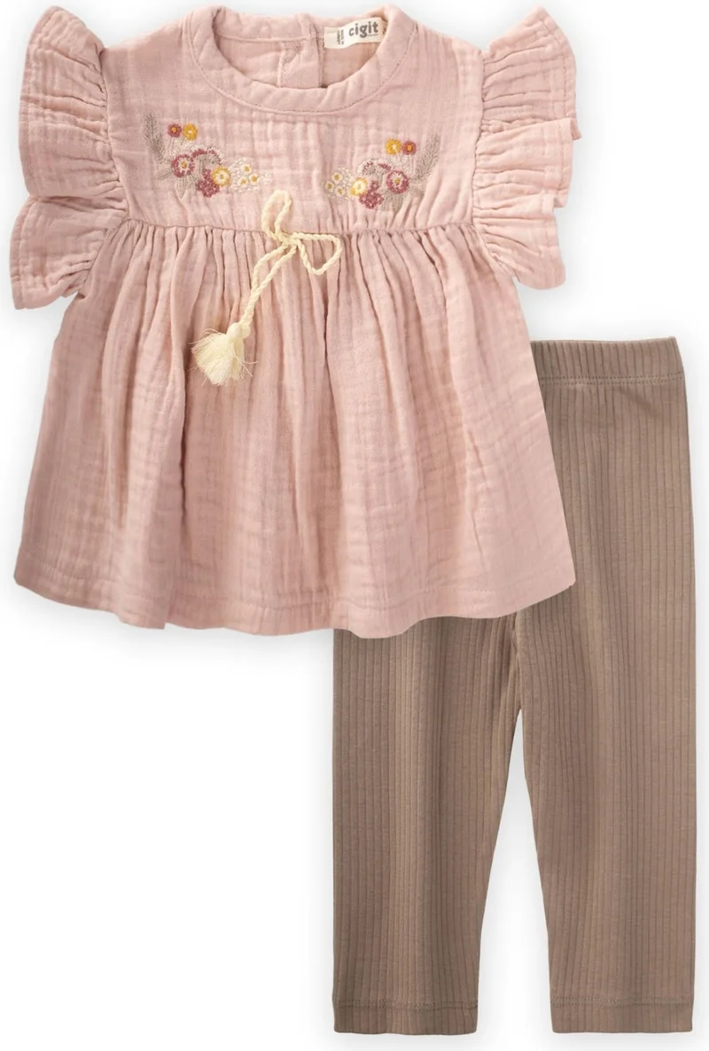 Cigit Organic Embroidered Muslin Tunic Set Powder Pink