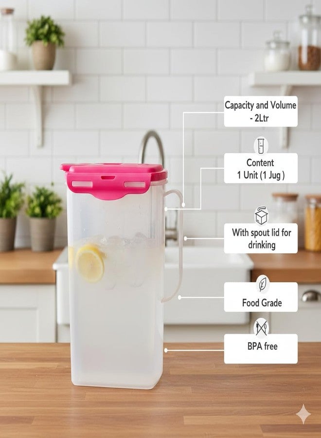 Gluman Fridge Jug 2000 Milliliter| Plastic Water Jug with Flip Top Cap & Locking Lid | Wide-Mouth Water Storage Container Jar, Spill Proof, Liquid Tight Pourer | BPA Free Food Grade (2 litres, Pink) - Image 4