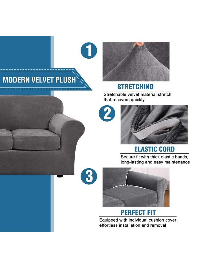 H.VERSAILTEX Real Velvet Plush 3 Piece Stretch Sofa Covers Couch Covers for 2 Cushion Couch Loveseat Covers Width Up to 72 Inch Feature Thick Soft Stay in Place (Medium Sofa, Grey) - Image 3