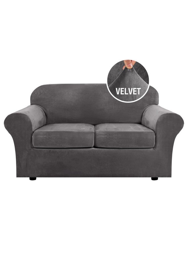 H.VERSAILTEX Real Velvet Plush 3 Piece Stretch Sofa Covers Couch Covers for 2 Cushion Couch Loveseat Covers Width Up to 72 Inch Feature Thick Soft Stay in Place (Medium Sofa, Grey) - Image 1