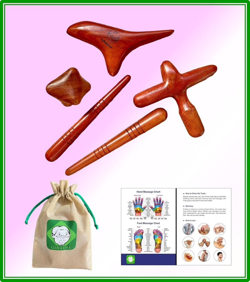 Lungcha 5 pcs Massager Stick Tool Kits with Usage Guide and Tools Bag for Body Foot Hand Back Neck Shoulder Thai Traditional Reflexology Set C 4 Types Massager - Image 2