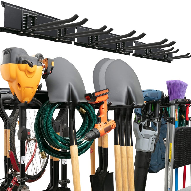 TIDYME Garage Tool Organizer Wall Mount 48 inches Sturdy Storage Rack with Adjustable Hooks AntiRust Easy Installation 300lbs Capacity Garden Tool Organizer 03 Racks 06 Hooks