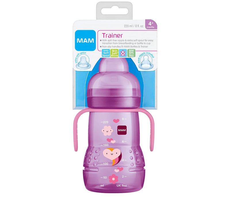مام Plastic Trainer Cup (1 Count), 8 oz. Trainer Drinking Cup with Extra-Soft Spout, Spill-Free Nipple, and Non-Slip Handles, for Girls 4+ Months, Designs May Vary - Image 3