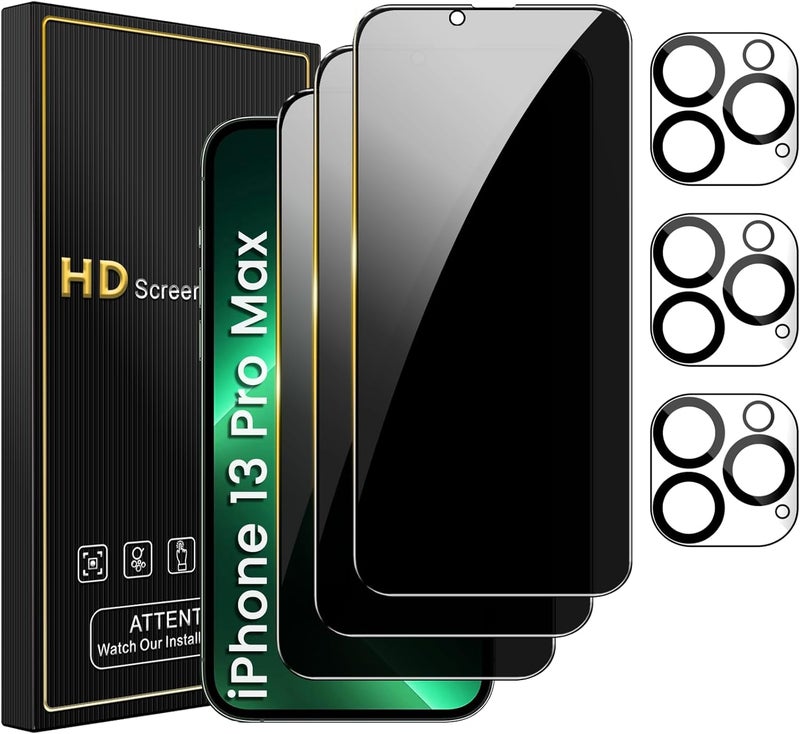 Romkasi 3 Pack Privacy Screen Protector for iPhone 13 Pro Max 6.7 Inch with 3 Pack Camera Lens Protector, Anti Spy Tempered Glass Film, Anti-Scratch, Touch Sensitive, Case Friendly - Image 1