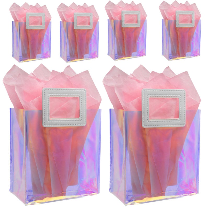 Caleihd 6PCS Holographic Clear Gift Bags with Tissue Paper, 7.9 * 7.1 * 3.9 inch with Handles,Treat Bags Goody Bags,for Christmas, Birthday Party, Weeding Gift Bags Party Supplies - Image 1