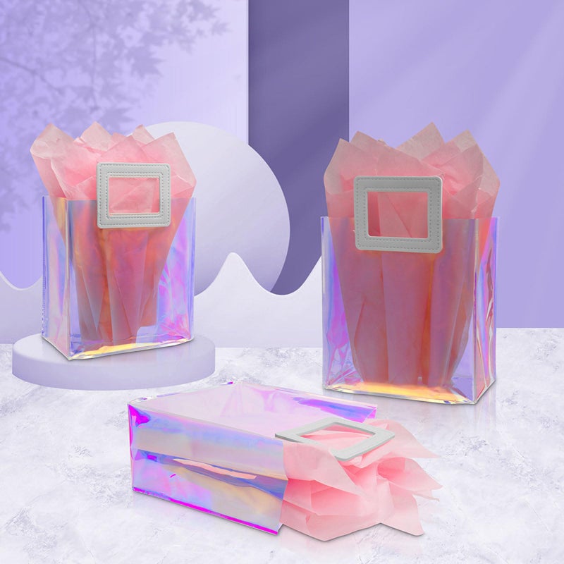 Caleihd 6PCS Holographic Clear Gift Bags with Tissue Paper, 7.9 * 7.1 * 3.9 inch with Handles,Treat Bags Goody Bags,for Christmas, Birthday Party, Weeding Gift Bags Party Supplies - Image 2