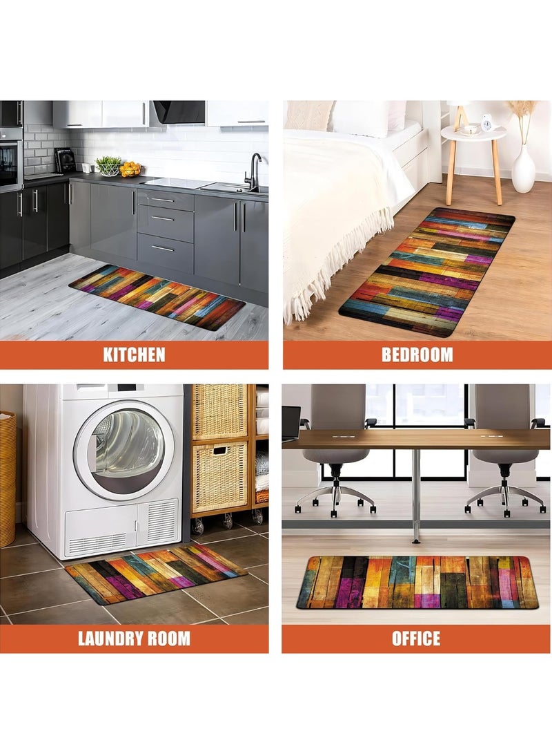 2-Piece Boho Colorful Wooden Kitchen Floor Mat Set, Memory Foam Anti-Fatigue Runner Rugs, 19.7x31.5 + 19.7x63 Inch - Image 3