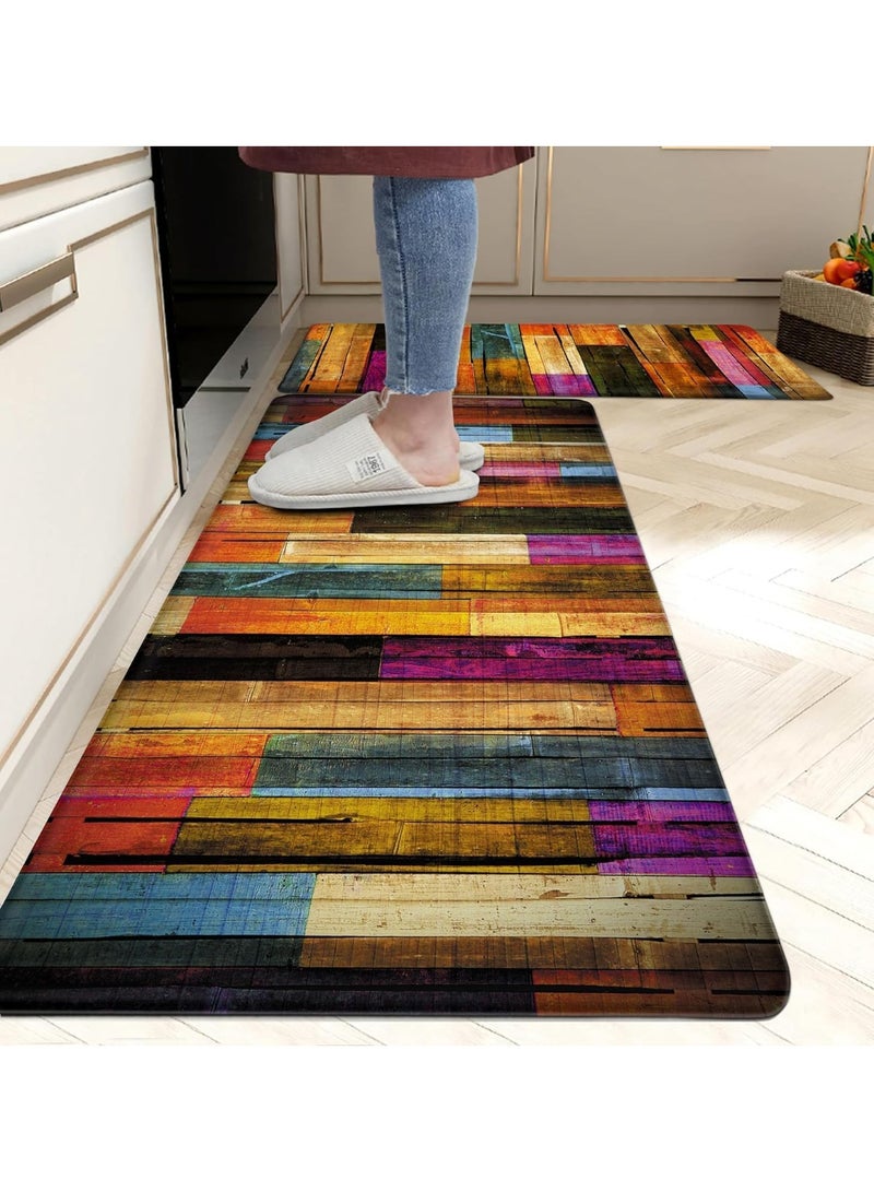 2-Piece Boho Colorful Wooden Kitchen Floor Mat Set, Memory Foam Anti-Fatigue Runner Rugs, 19.7x31.5 + 19.7x63 Inch - Image 1