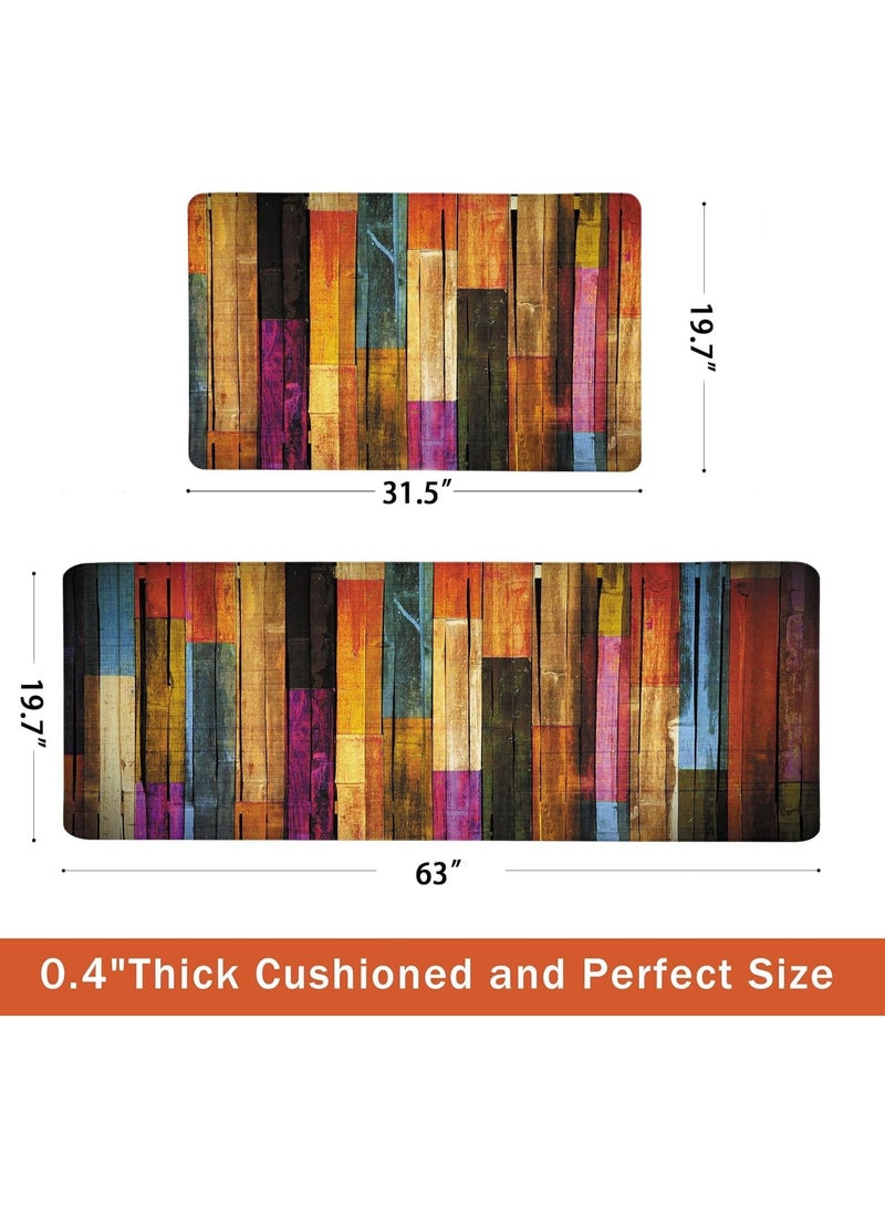 2-Piece Boho Colorful Wooden Kitchen Floor Mat Set, Memory Foam Anti-Fatigue Runner Rugs, 19.7x31.5 + 19.7x63 Inch - Image 4