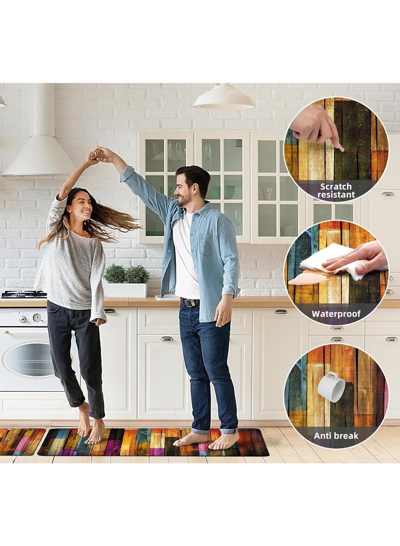 2-Piece Boho Colorful Wooden Kitchen Floor Mat Set, Memory Foam Anti-Fatigue Runner Rugs, 19.7x31.5 + 19.7x63 Inch - Image 5