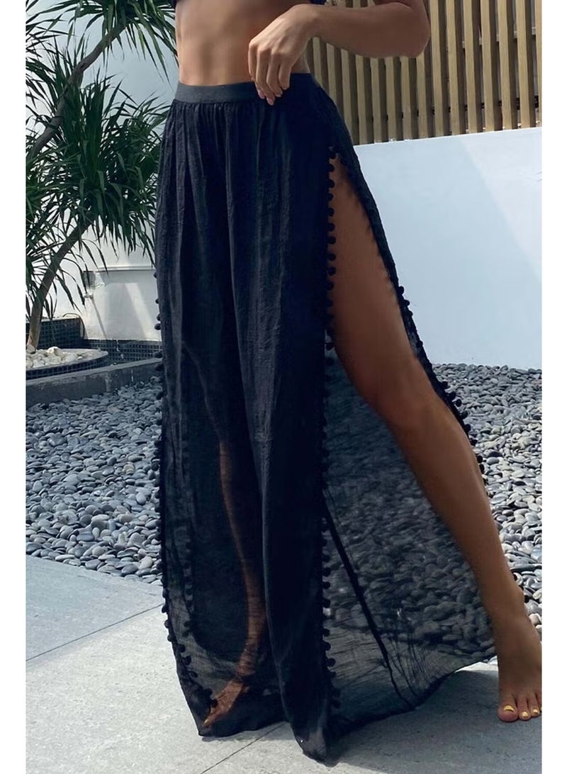 Angelsin Pompom Slit Detailed Beach Trousers Pareo - Image 1