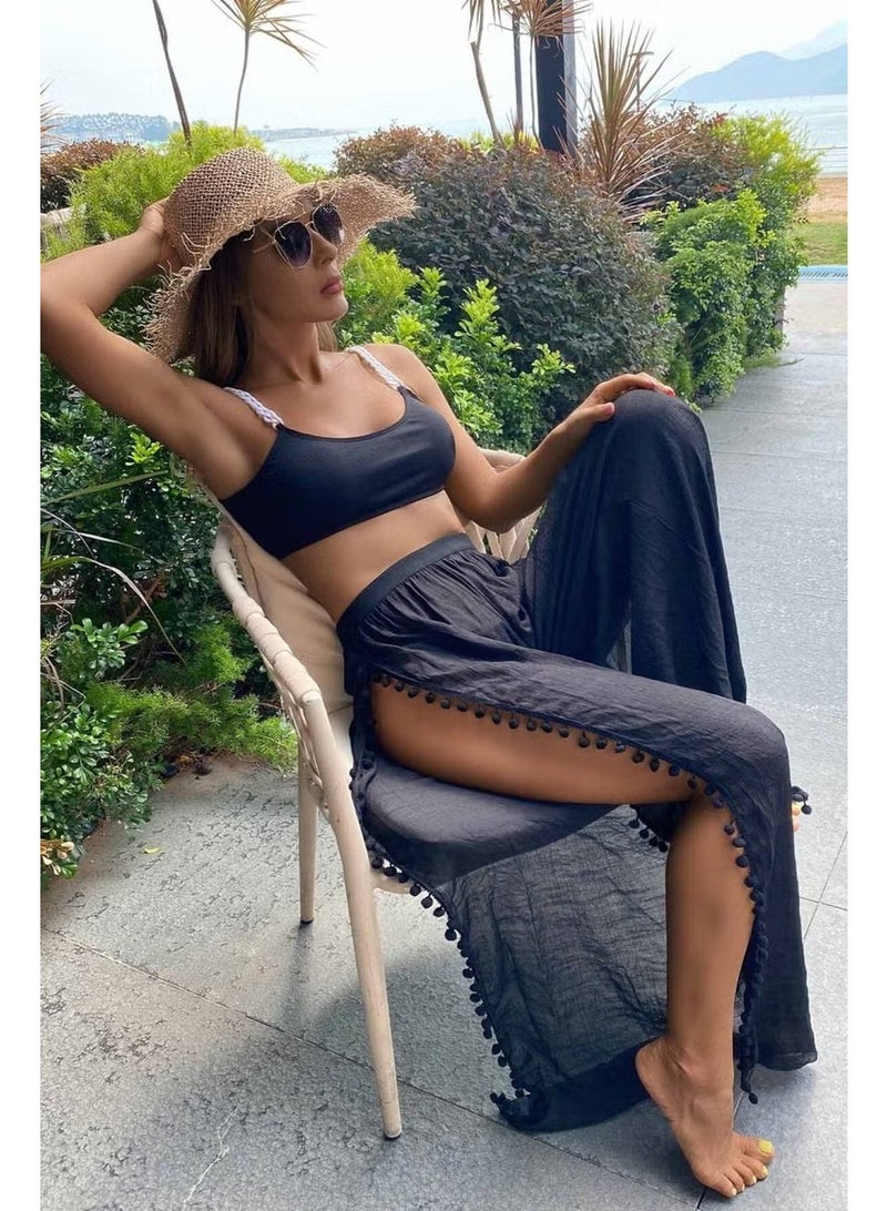 Angelsin Pompom Slit Detailed Beach Trousers Pareo - Image 5