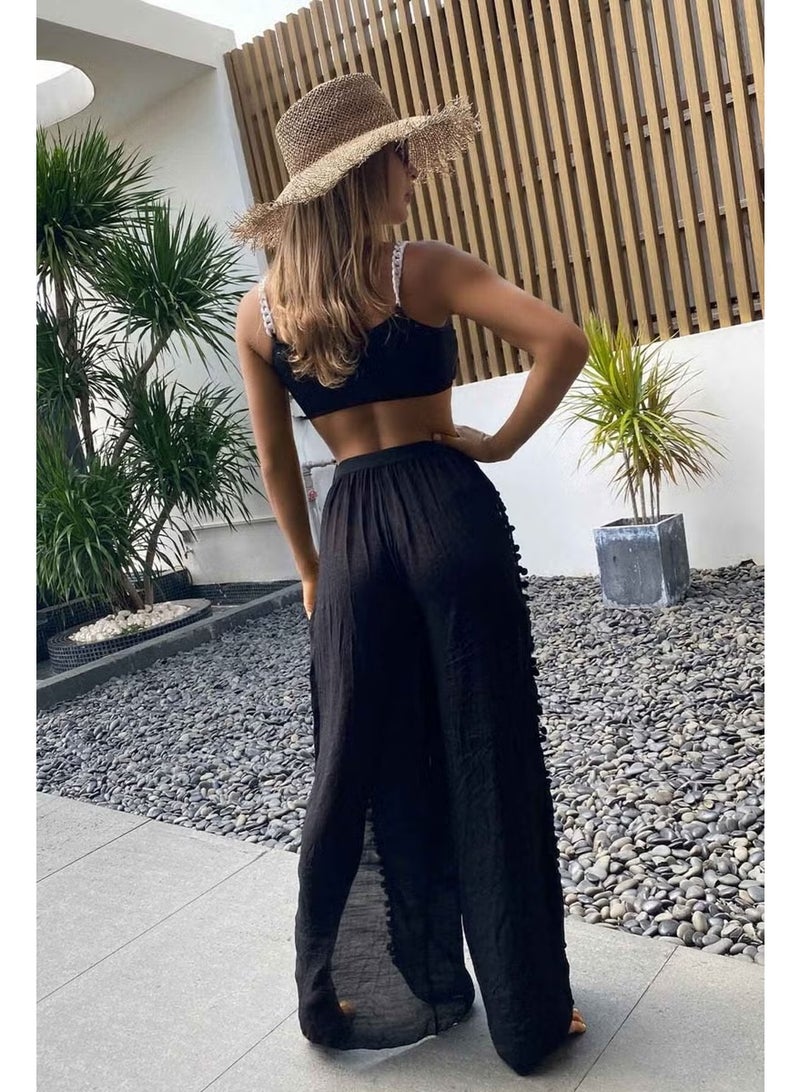 Angelsin Pompom Slit Detailed Beach Trousers Pareo - Image 4
