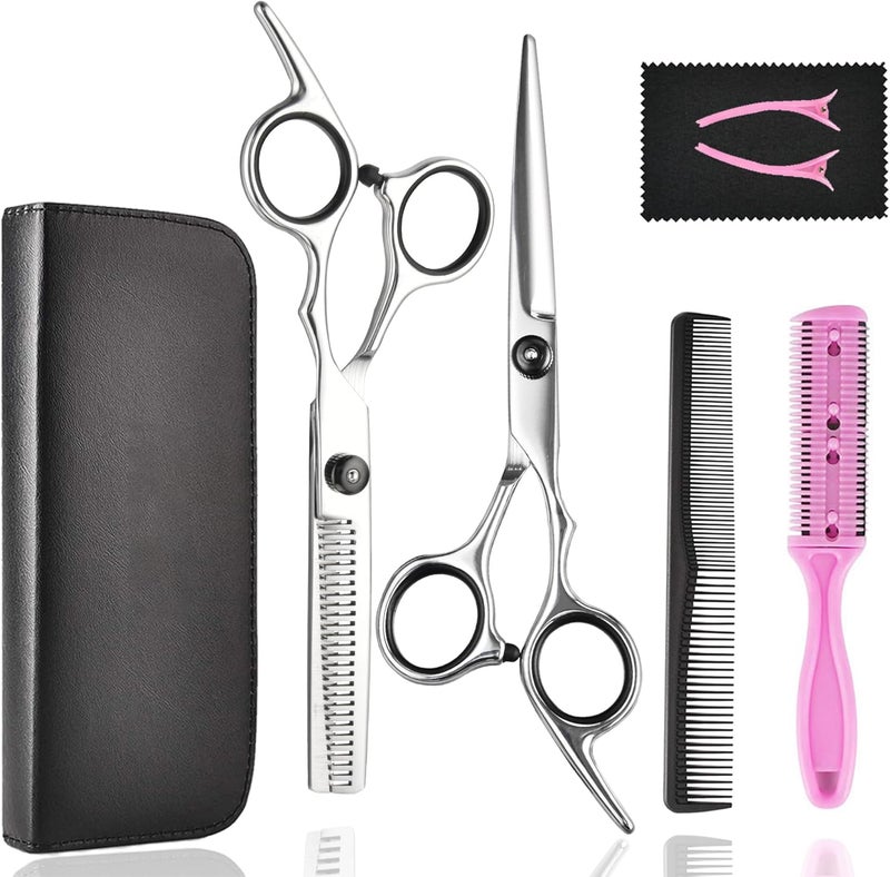Fcysy Hair Cutting Scissors Thinning Shears- Professional Barber Sharp Hair Scissors Hairdressing Shears Kit with Haircut Accessories in Leather Case for Cutting Styling Hair for Women Men Pet- 7 Pcs - Image 1