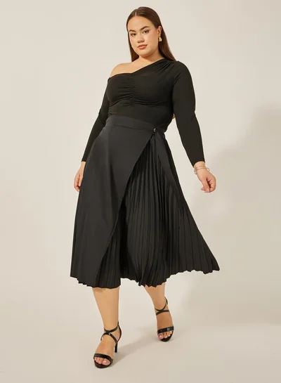 Styli Plus Size Overlap Wrap A-Line Midi Skirt with Pleated Detail