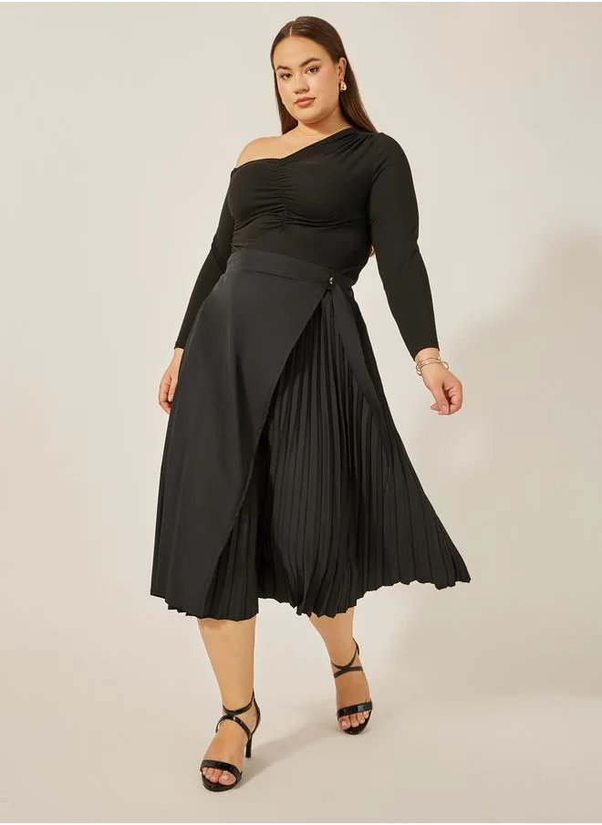 ستايلي Plus Size Overlap Wrap A-Line Midi Skirt with Pleated Detail