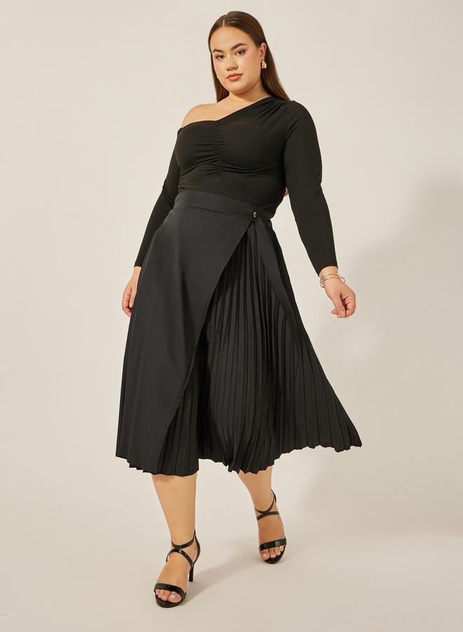 Styli Plus Size Overlap Wrap A-Line Midi Skirt with Pleated Detail  - Image 1