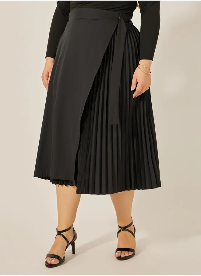 Styli Plus Size Overlap Wrap A-Line Midi Skirt with Pleated Detail