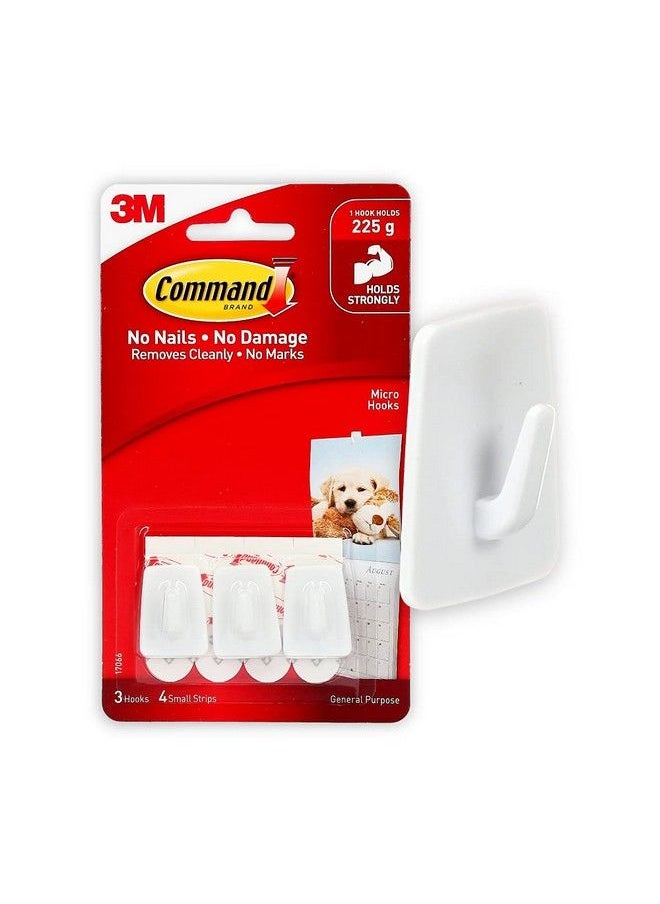 Command And Micro Utility Wall Hooks Up To 225Gms Holds Strongly Reusable Adhesive Hooks For Wall Multi Surface Damage Free Hooks For Hanging (White 3Hooks 4 Stripss)  - Image 2