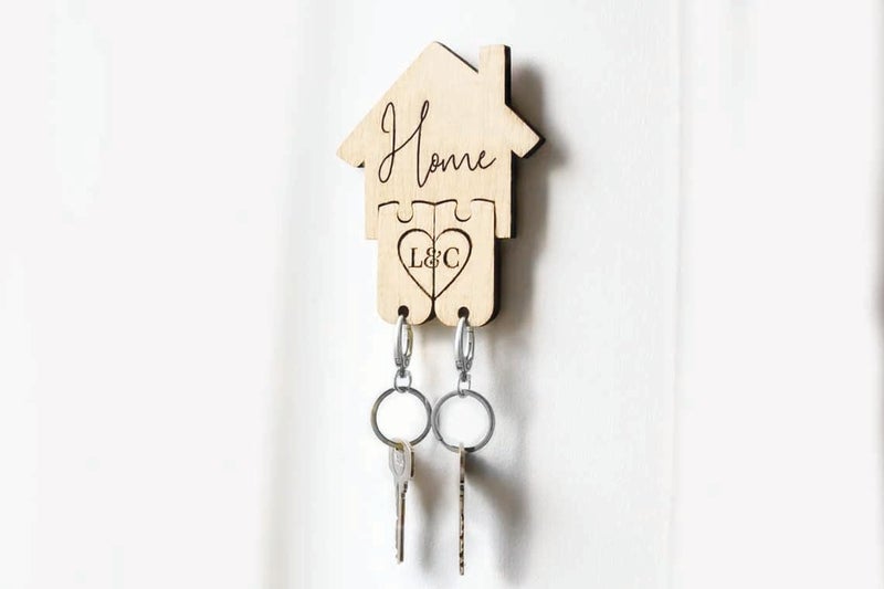 SVM CRAFT Personalized Wooden Keychains First Home Keychain Couples Key Holder for Wall House Warming Gift Wooden Wall Mount Key Holder Engraved Personalized