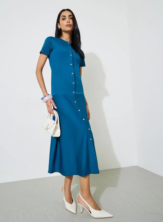 ستايلي Blue Solid Button Details Short Sleeves A-Line Midi Dress