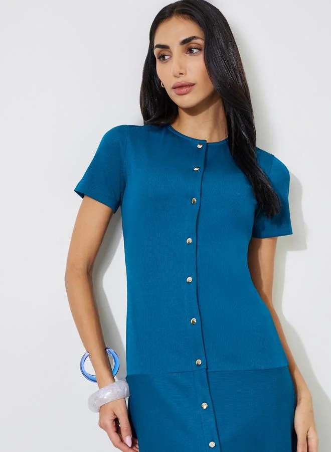 ستايلي Blue Solid Button Details Short Sleeves A-Line Midi Dress