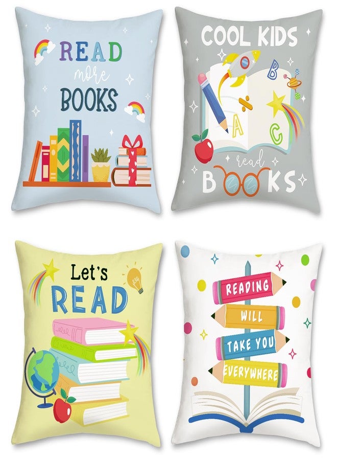 Bonhause Reading Books Throw Pillow Covers 18 x 18 Inch Set of 4 Kids Reading Room Classroom Decorative Cushion Covers for Children Nursery Room Library Decor - Image 1