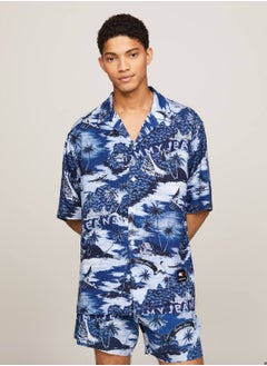 TOMMY JEANS Men's Hawaiian Print Camp Collar Short Sleeve Shirt -  EcoVero™ viscose and linen blend, Multicolor  - Image 1