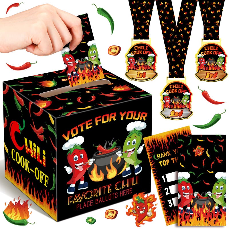 Sinload 64 Pieces Chili Cook Off Contest Ballot Box with 60 Voting Cards and 3 Trophy Award Sashes for Chili Off Award Party Supplies Decorations Cook Chef Contest Prizes(Black) - Image 1