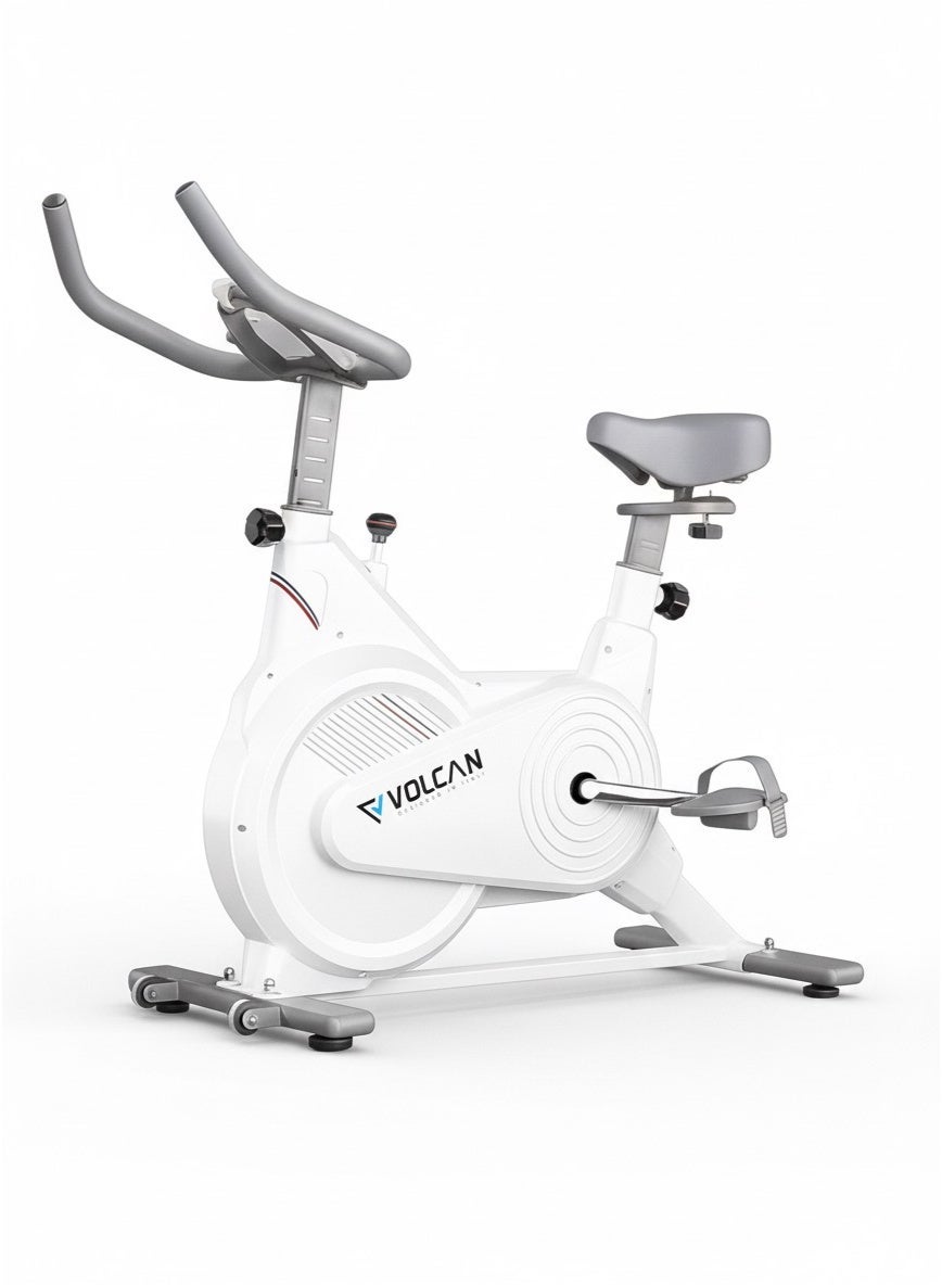 VOLCAN VFSP:6 Spinning Bike | 5KG Flywheel | Adjustable Seat & Handlebar | Display & Pulse Sensor | White/Grey