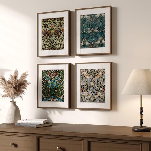 Cuspin Framed William Morris Canvas Wall Art 4 Piece Vintage Botanical Floral Bird Wall Art Decor Retro Strawberry Thief Painting Artwork for Living Room Bedroom Bathroom Office Dining Room 8x10 - Image 1