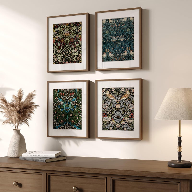 Cuspin Framed William Morris Canvas Wall Art 4 Piece Vintage Botanical Floral Bird Wall Art Decor Retro Strawberry Thief Painting Artwork for Living Room Bedroom Bathroom Office Dining Room 8x10 - Image 2