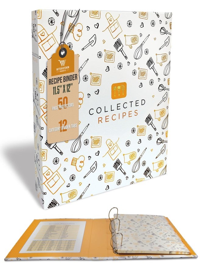 Better Kitchen Products مجلد وصفات من Better Kitchen Products، مجموعة منظم مجلد قياسي بثلاث حلقات كاملة الصفحات (مع 50 غلافًا واقيًا للصفحات و12 علامة تبويب فاصلة للفئات) من Better Kitchen Products، مقاس 11.5 بوصة × 12 بوصة، لون أسود وذهبي. - Image 1