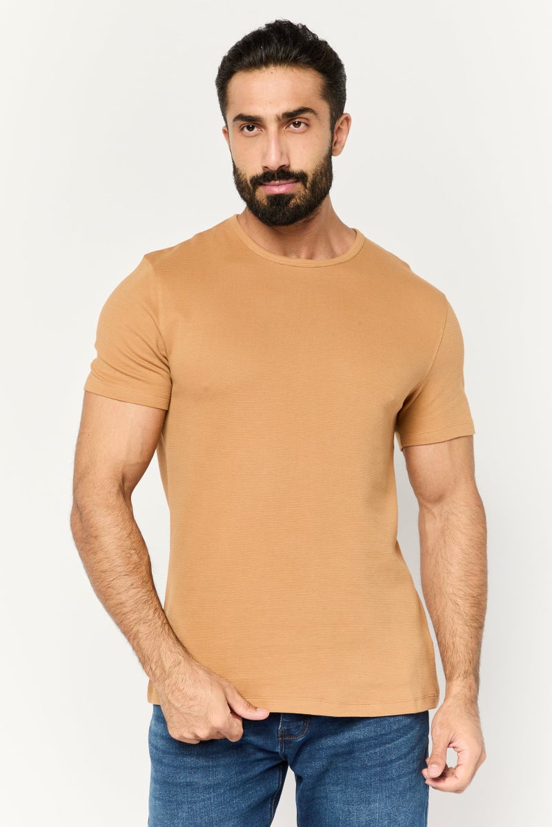 French Connection Men Crew Neck Short Sleeve Textured T-Shirt, Brown  - Image 1