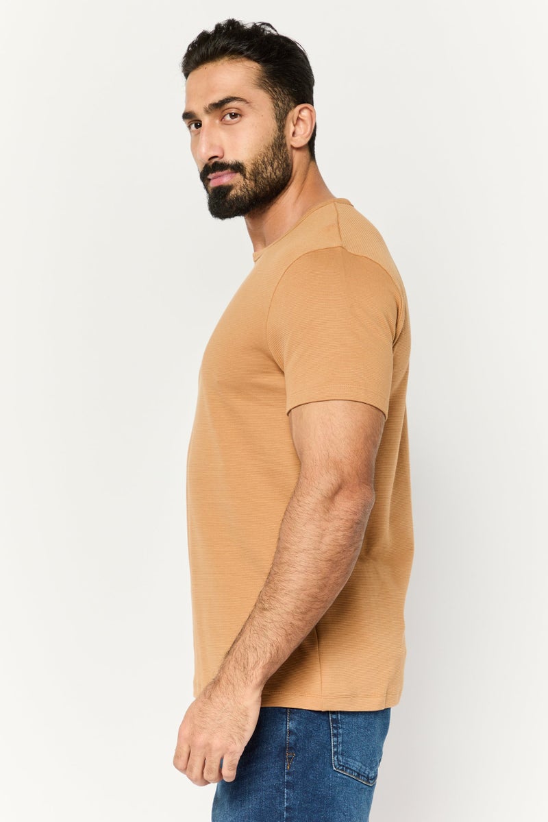 French Connection Men Crew Neck Short Sleeve Textured T-Shirt, Brown  - Image 3