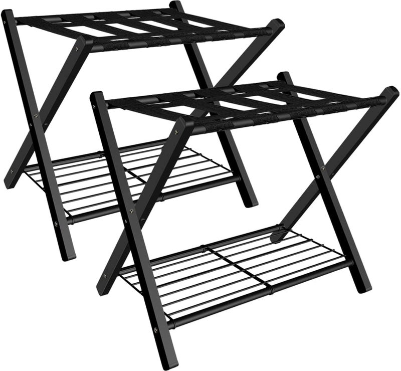 mocomax 2 Pack Folding Luggage Rack for Guest Room Foldable Suitcase Stand Holder with Metal Storage Shelf for Bedroom Living Room Hotel Essentials Heavy Duty Steel Frame Black