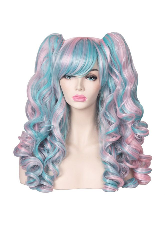 ColorGround Long Curly Cosplay Wig with 2 Ponytails(Pink/Blue) - Image 1