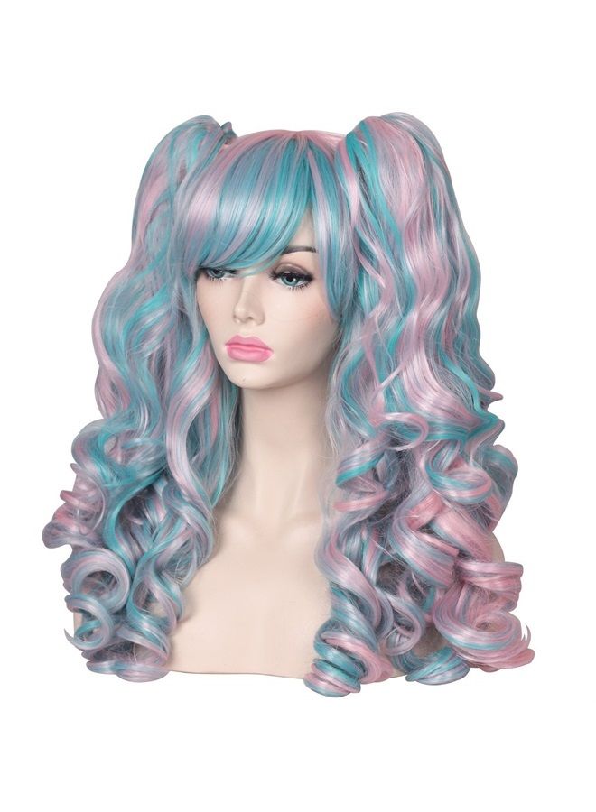 ColorGround Long Curly Cosplay Wig with 2 Ponytails(Pink/Blue) - Image 4