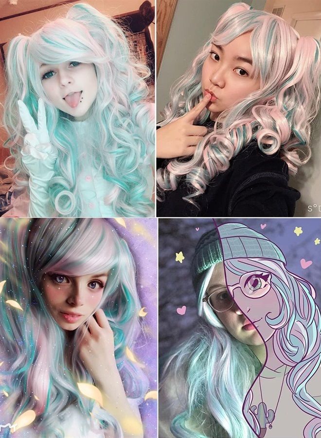 ColorGround Long Curly Cosplay Wig with 2 Ponytails(Pink/Blue) - Image 2