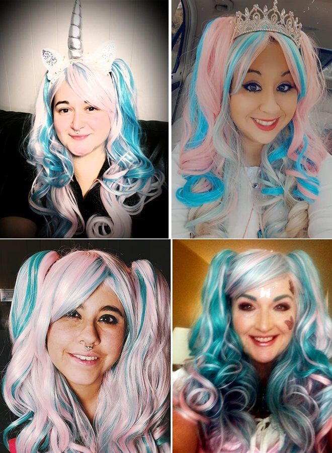 ColorGround Long Curly Cosplay Wig with 2 Ponytails(Pink/Blue) - Image 3
