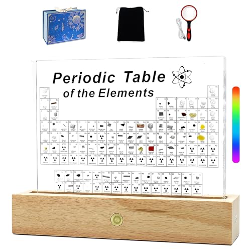 BEWITU Periodic Table with Real Elements Inside, Acrylic 3D Periodic Table of Elements with Cordless LED Wooden Stand, Chemistry Gifts for Kids Adults Science Lovers - Image 1