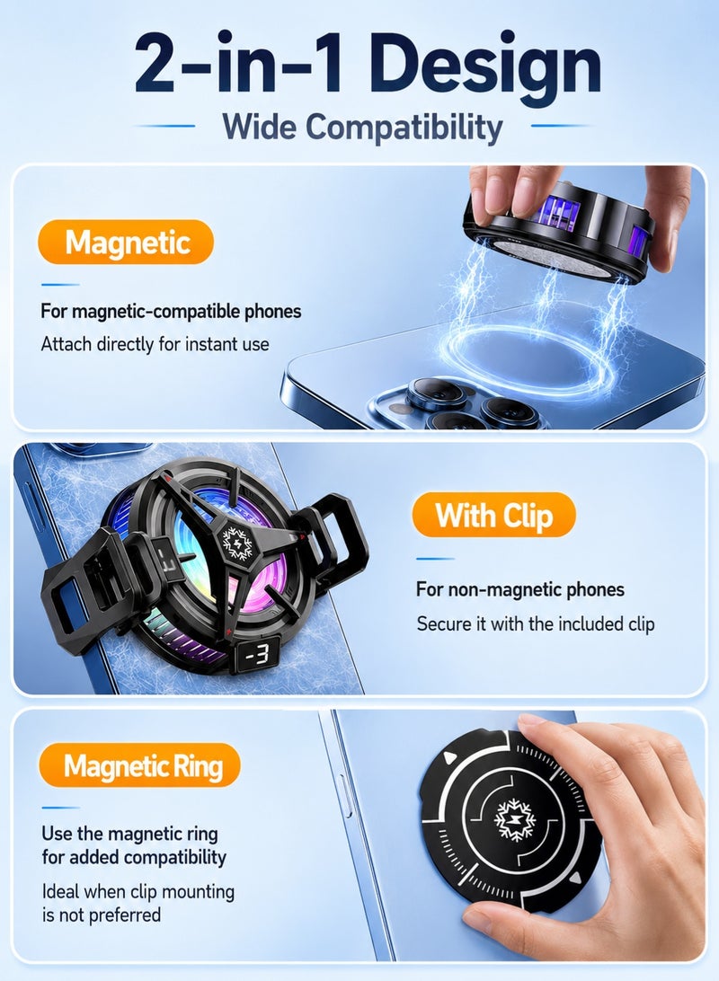أفكيكس اشة LED لدرجة الحرارة، مبرد هاتف منخفض الضوضاء 3 سرعات لهاتف iPhone/Android/iPad/TikTok البث المباشر - Image 4