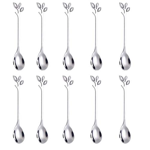 AnSaw Elegant Silver Leaf Coffee Spoons - 10-Piece, 4.7" Mini Stainless Steel Espresso & Dessert Tea Spoons, Perfect for Demitasse & Small Servings - Image 1