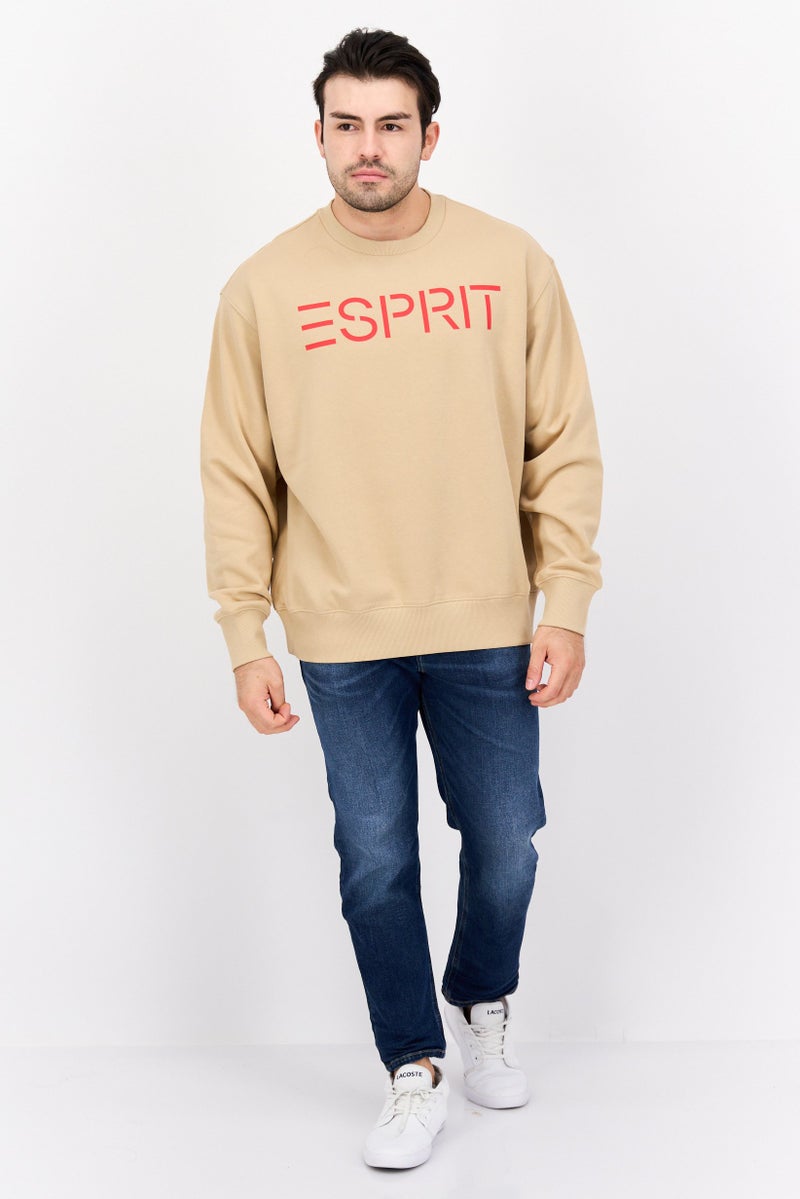 ESPRIT Men Crew Neck Long Sleeve Brand Logo Sweatshirt, Beige - Image 4