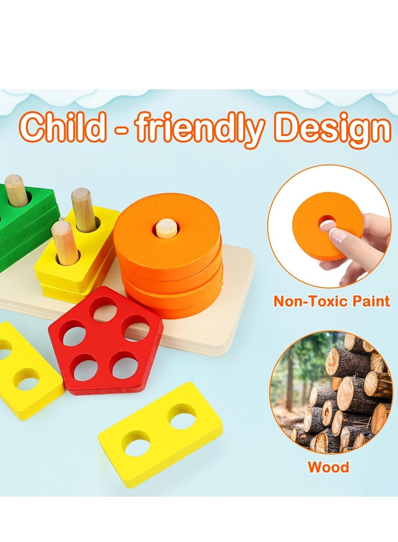 Raxoom Montessori Toys for 1 to 3-Year-Old Boys Girls Toddlers, Wooden Sorting & Stacking Toys for Toddlers and Kids Preschool, Educational Toys, Color Recognition Stacker Shape Sorter, Learning Puzzles Gift - Image 3