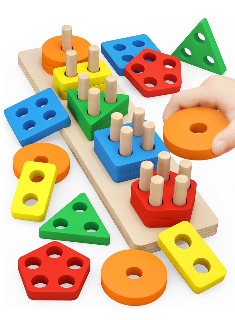 Raxoom Montessori Toys for 1 to 3-Year-Old Boys Girls Toddlers, Wooden Sorting & Stacking Toys for Toddlers and Kids Preschool, Educational Toys, Color Recognition Stacker Shape Sorter, Learning Puzzles Gift - Image 1