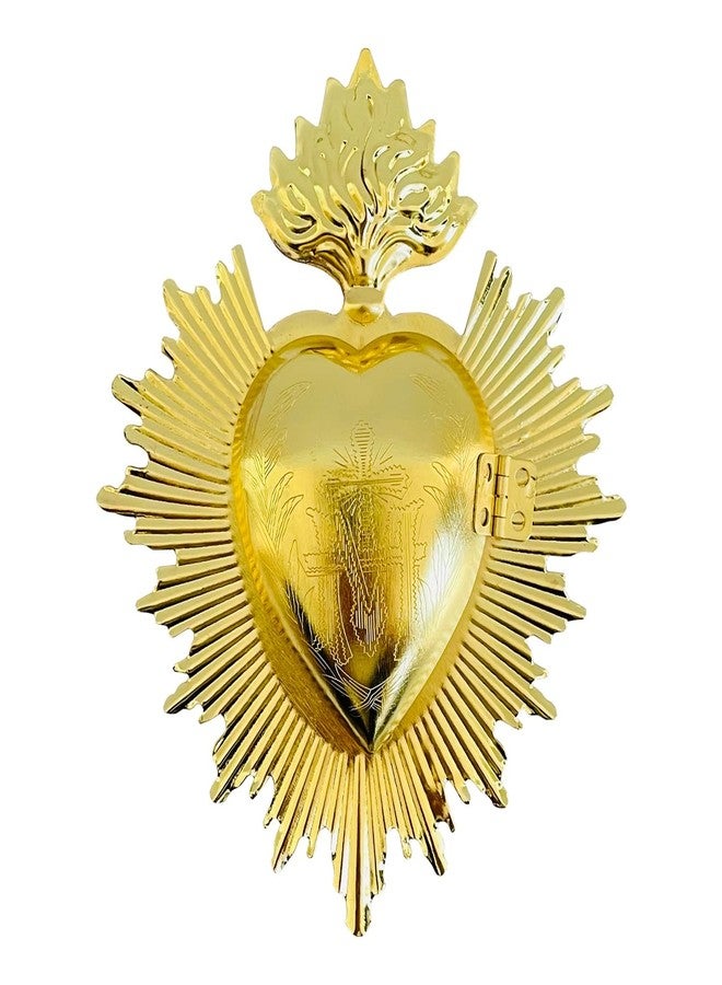 ESNOY Sacred Heart Gold Metal Milagro Heart Wall Ornament, Mexican Home Eclectic Decor, Catholic Gift for Christmas, Gold Accent Decor, Christian Religious Wall Art - Image 1