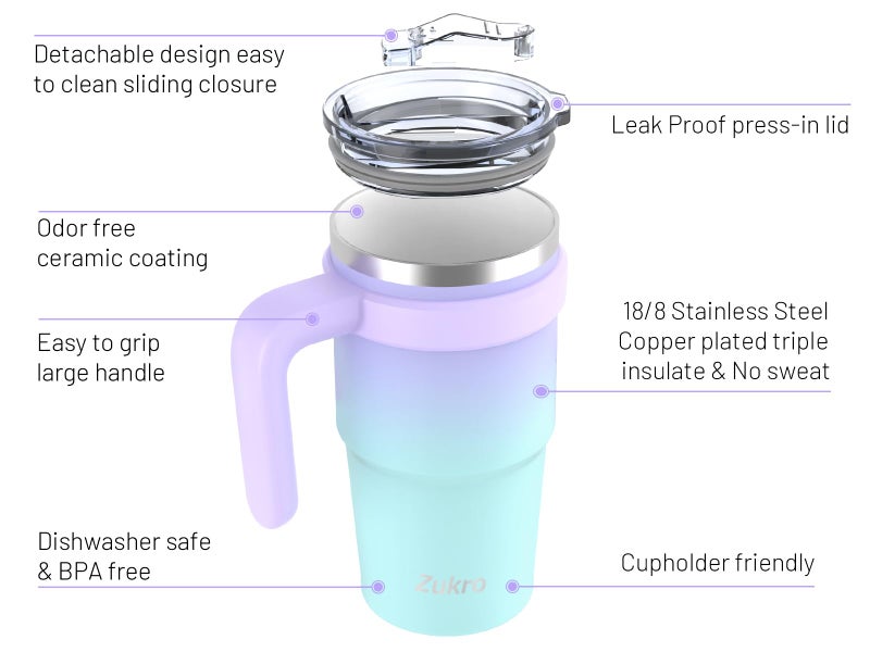Zukro 20 oz Tumbler with Handle, Lid and Straw, Ceramic Lined, Double-Walled Vacuum Insulated Stainless Steel Coffee Cups for Home/Office/Work, Travel Mug for Hot and Cold Drinks, BPA-Free - Image 3