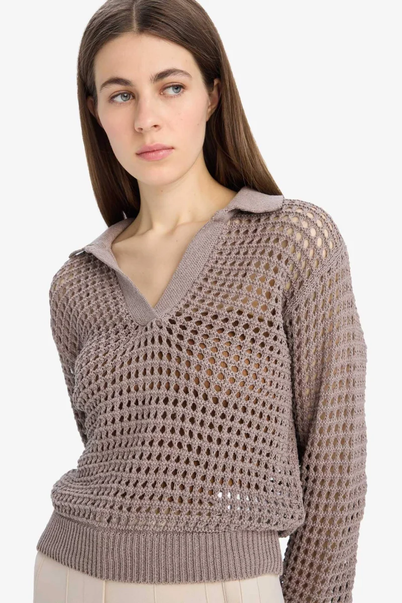 ديفاكتو Relax Fit Polo Neck Basic Openwork Knit Pullover